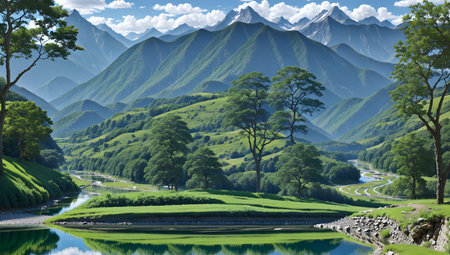 Beautiful landscape with a river and mountains. 3d rendering.の素材