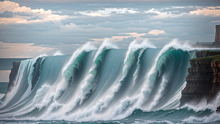 Beautiful stormy landscape with powerful ocean waves in Iceland. Toned.の素材