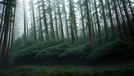 Foggy forest with coniferous trees in the background.の素材