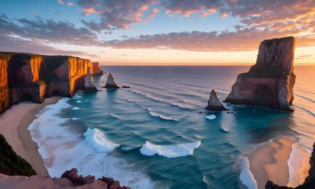 Famous Seven Sisters cliffs at sunset, Great Ocean Road, Australiaの素材