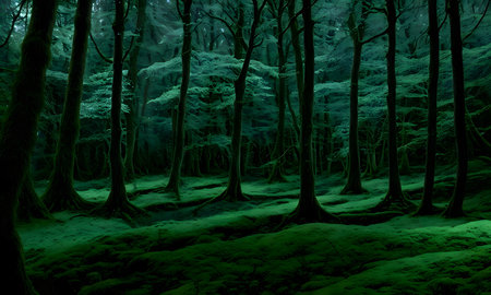 Mysterious green forest at night with fog and tree trunksの素材