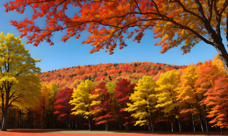 Autumn forest with red, orange and yellow leaves on blue sky backgroundの素材