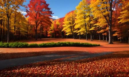 Autumn landscape with colorful trees and road. 3d rendering.の素材