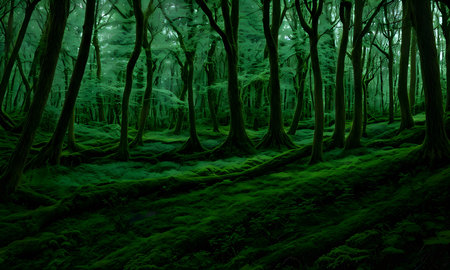 Mysterious dark forest with green trees and fog. Halloween backgroundの素材
