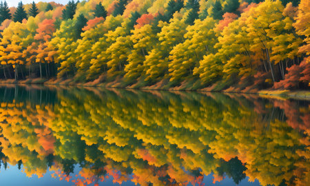 Autumn forest reflected in the lake. Colorful autumn forest.の素材
