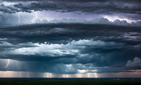 Dark stormy sky with lightning and thunderclouds, natural backgroundの素材
