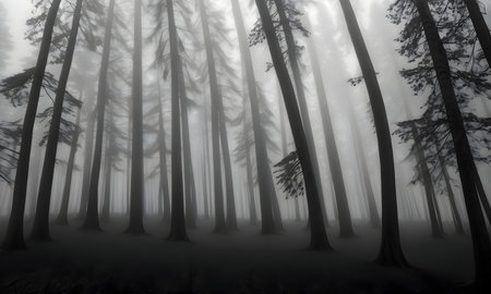 Mysterious dark forest with fog and trees. 3D renderingの素材