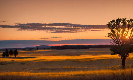 Sunset over a field in the plains of New South Wales, Australiaの素材