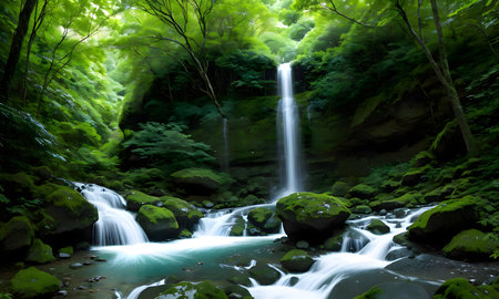 Akita Prefecture summer waterfall in the rainforest, Japan.の素材
