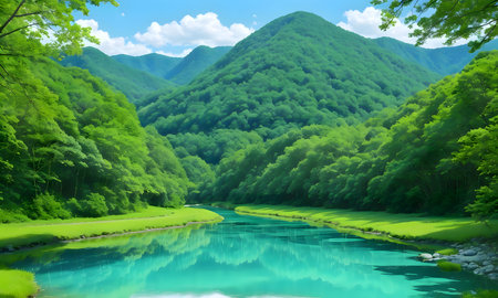 Mountain landscape with river and green forest in a sunny day.の素材