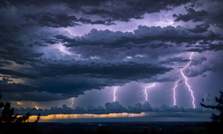 Thunderstorm and lightning in the night sky over the lake. Nature backgroundの素材