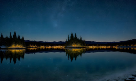 Beautiful night landscape with starry sky and mountains reflected in a lakeの素材