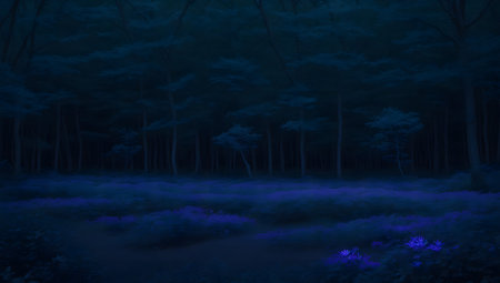 Dark forest with blue fog in the night. 3D rendering.の素材