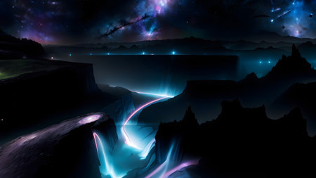 Fantasy landscape with river and mountains at night. 3D illustrationの素材
