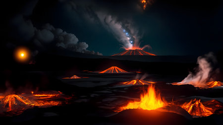 Volcanic eruption at night, Kamchatka Peninsula, Russiaの素材