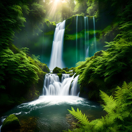 Waterfall in the green forest with sunbeam and lens flare.の素材