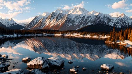 Mountain lake with reflection of the snow-capped peaks and coniferous forestの素材