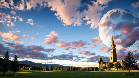 Full moon over the church and meadow at sunset. 3d renderの素材