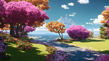 Beautiful landscape with trees and flowers in the park. 3d renderの素材