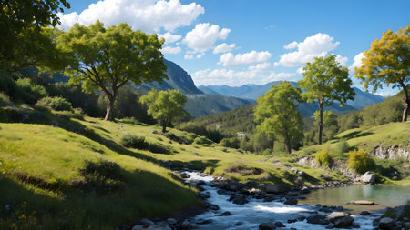 Mountain landscape with a river and trees in the foreground, Spainの素材
