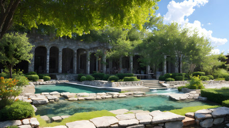 Swimming pool in the garden of an ancient villa in Greeceの素材