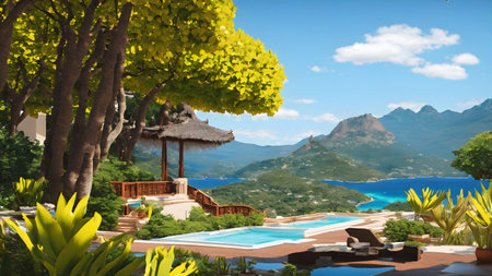 Luxury villa on the background of the sea and mountainsの素材