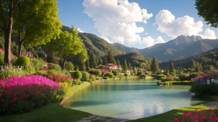 Beautiful spring landscape with a lake in the mountains. Landscape with flowers.の素材