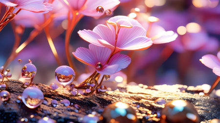 Pink flowers and golden bokeh background. 3D illustration.の素材
