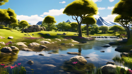 Fantasy landscape with lake, mountains and trees. 3D renderingの素材