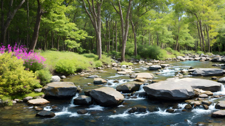 Landscape of a mountain river flowing through a green forest in springの素材