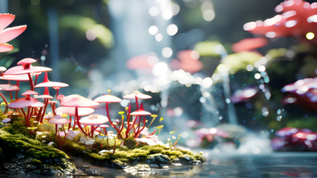 mushroom garden with bokeh light background,nature conceptの素材