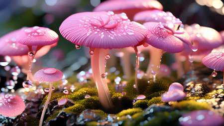 Beautiful pink mushrooms growing in the forest. 3D illustration.の素材
