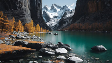 Beautiful autumn landscape with mountain lake and snow-capped peaksの素材