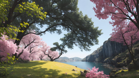 Cherry blossom with lake in the background, 3d renderの素材