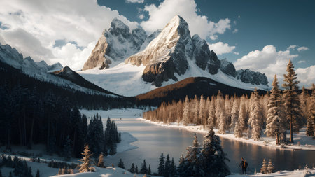 Fantastic winter landscape with snow-capped mountains and lakeの素材