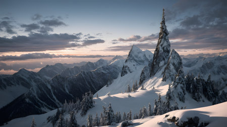 Panoramic view of snowy mountains at sunset. Caucasus Mountains, Georgia, region Gudauri.の素材