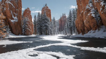 winter landscape with a frozen river and red sandstone cliffs in the backgroundの素材