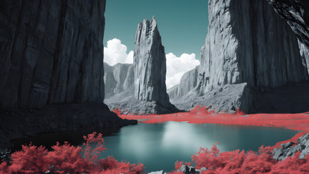 Alien Planet - 3D Rendered Computer Artwork. Rocks and lakeの素材