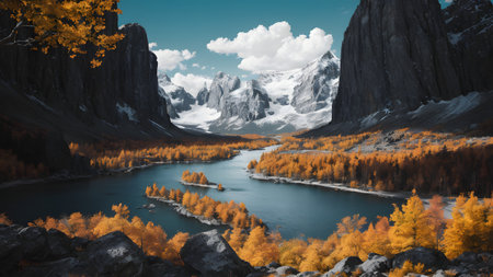 Mountain lake in the autumn forest. 3D Rendering.の素材