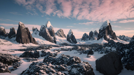 Beautiful winter landscape with snow covered mountain peaks. 3d renderingの素材