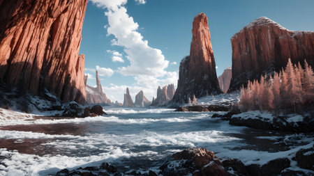 Frozen lake with red rocks and blue sky. 3d renderingの素材
