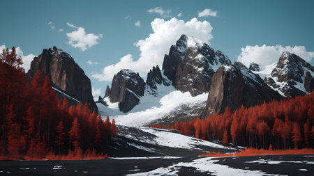 Mountain landscape with snow and red forest. 3d illustration.の素材