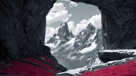 beautiful landscape with mountains and lake - 3d render illustration.の素材