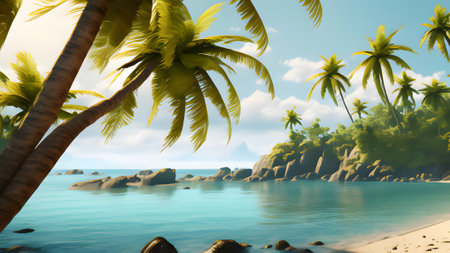 Tropical beach with palm trees and rocks. 3d renderの素材