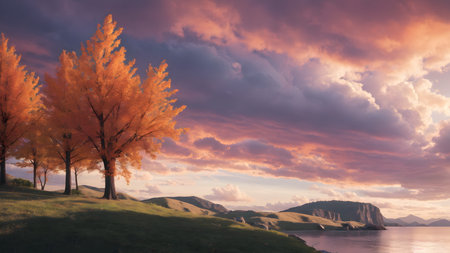 Beautiful autumn landscape with trees on the hill and lake at sunsetの素材