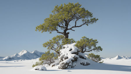 Pine tree covered by snow in the mountains. 3d renderの素材
