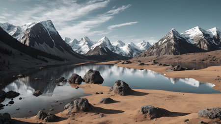 Mountain lake with reflection in the water. 3D illustration.の素材
