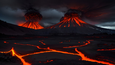 Volcano eruption at night, Kamchatka Peninsula, Russia.の素材