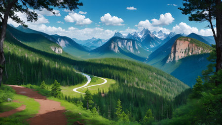 Beautiful mountain landscape. Mountain road in the valley. Panoramaの素材