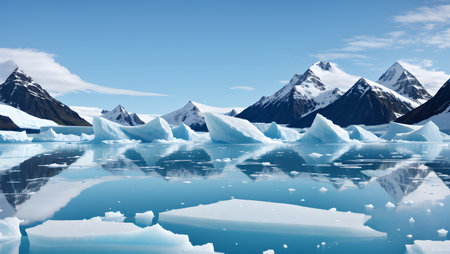 Beautiful landscape with icebergs and mountains in the blue sky.の素材